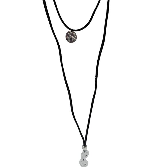 Boho Silver Tone Disc Pendants Double Strand Black Cord Necklace Fashion Jewelry - Picture 1 of 5